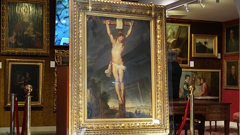 "Crucifixion of Jesus Christ" by Baroque master Peter Paul Rubens displayed at the auction house Osenat in Versailles