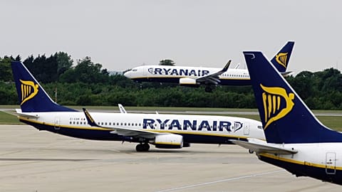 In this Tuesday July 21, 2009 file photo, Ryanair planes are seen at Stansted Airport in England.