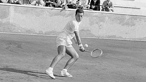 Italy's Nicola Pietrangeli in action during his Davis Cup singles tennis match against United States' Jon Douglas in Rome, 16 October, 1961