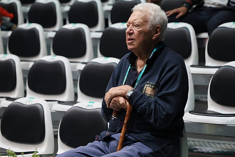 Former Italian tennis legend and Davis Cup winner Nicola Pietrangeli sits during the tennis Davis Cup in Bologna, 12 September, 2024