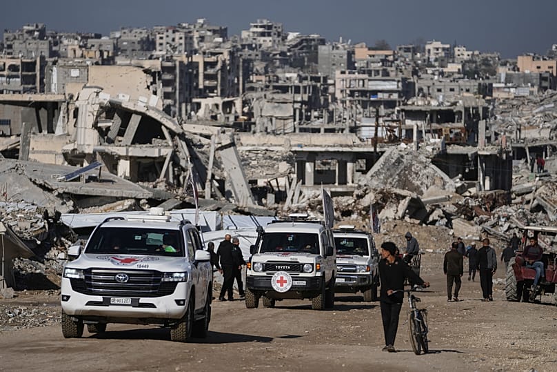 Members of the International Committee of the Red Cross (ICRC) arrive at the site where Hamas militants are searching for the remains of hostages in Jabalia, 1 December, 2025