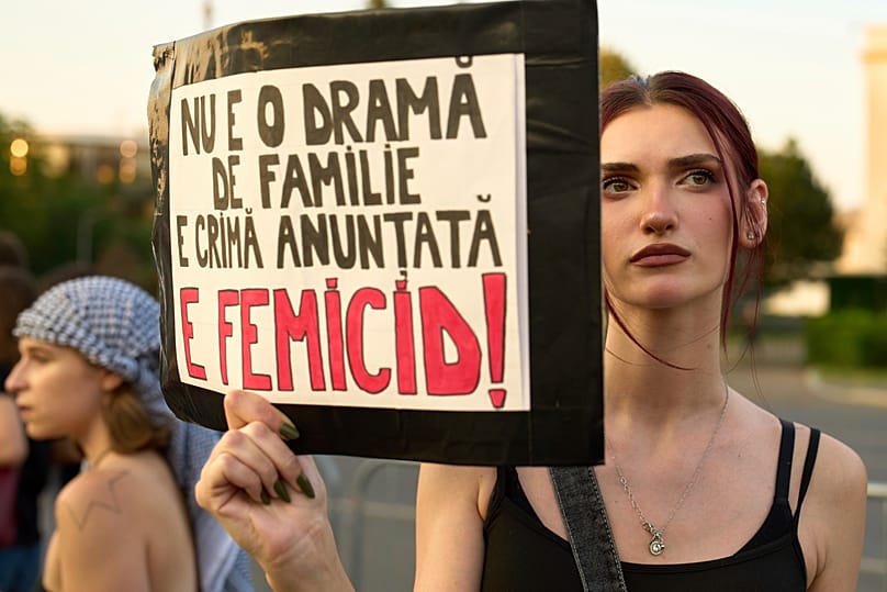 'It's not family drama, it's predictable death", reads a banner in a Bucharest protest in June 2025, following the killing of a pregnant mother of two