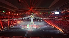 Al Bayt Stadium lit up as the FIFA Arab Cup 2025 opening ceremony dazzles fans.