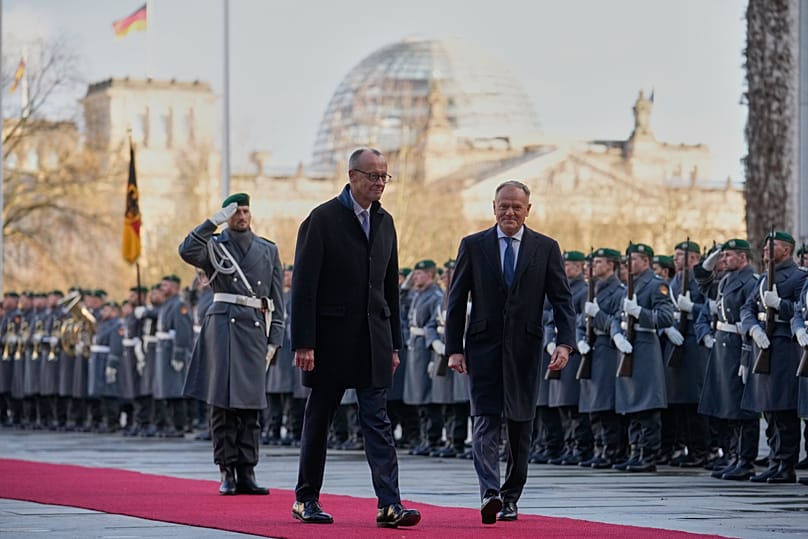 German Chancellor Friedrich Merz welcomes Poland's Prime Minister Donald Tusk for the German-Polish government consultations at the Chancellery in Berlin, Ger