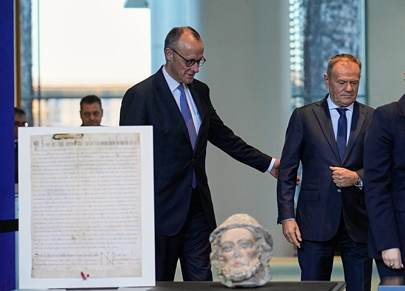 German Chancellor Friedrich Merz welcomes Poland's Prime Minister Donald Tusk for the German-Polish government consultations at the Chancellery in Berlin.