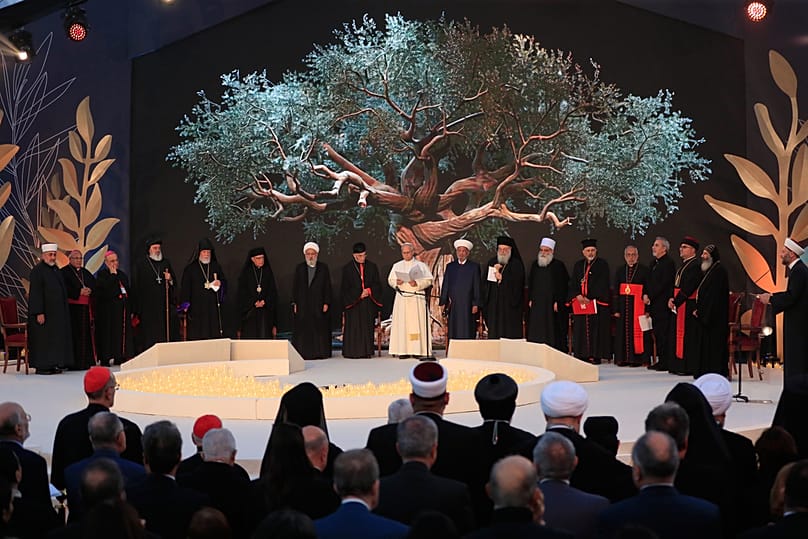 Pope Leo XIV, centre, attends an ecumenical and interreligious meeting at Martyrs' Square in downtown Beirut, Lebanon, Monday, Dec. 1, 2025. (AP Photo/Mohammad Zaatari)