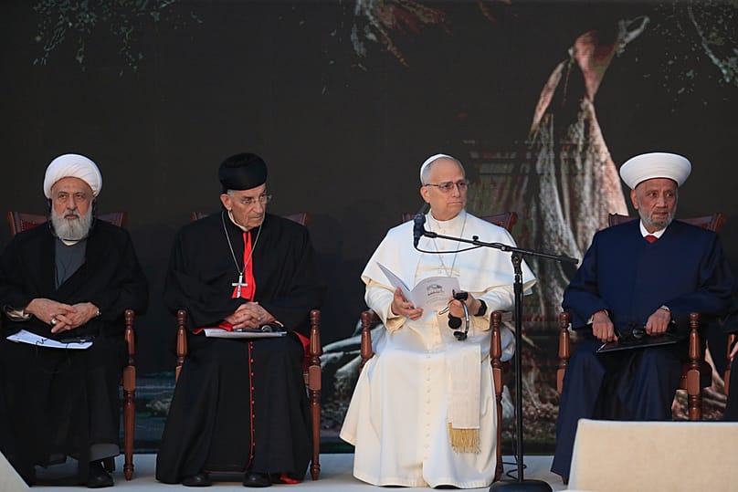 Pope Leo XIV with vice-President of the Supreme Islamic Shiite Council, Sheikh Ali al-Khatib, from left, Maronite Patriarch Bechara Rai and Lebanon's Grand Mufti Sheikh Abdul 