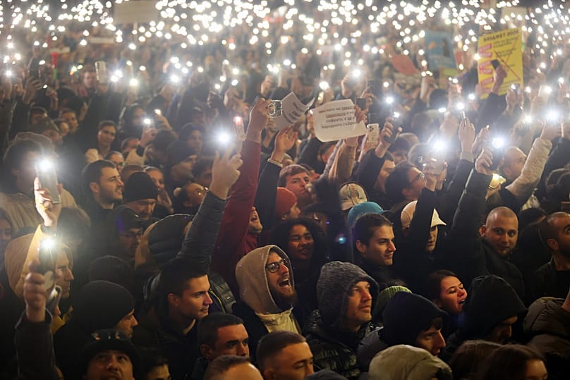 People attend a protest against austerity measures in next year's draft budget, in Sofia, Monday, Dec 1, 2025