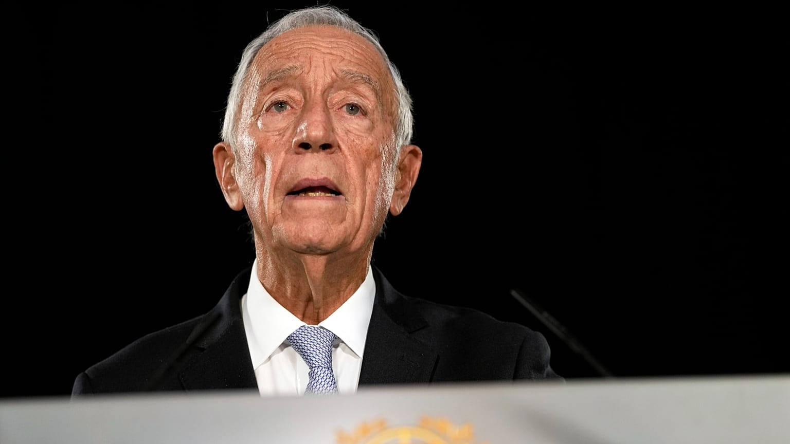 Portuguese President Marcelo Rebelo de Sousa addresses the country after hosting a meeting of the Council of State at the Belem presidential palace in Lisbon, 9 November 2023