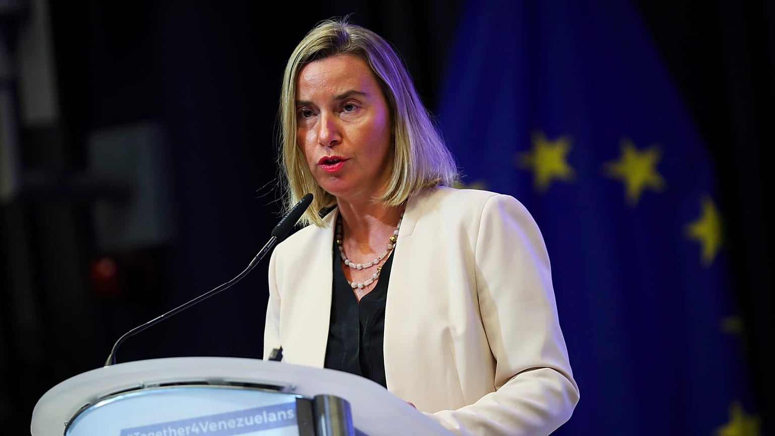 European Union Foreign Policy chief Federica Mogherini talks to journalists during a news conference, Oct. 29, 2019