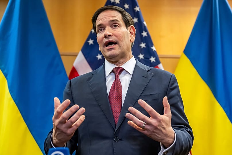 US Secretary of State Marco Rubio talks to the press at the US Mission in Geneva, 23 November, 2025