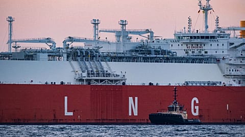 Accompanied by tugs, the LNG tanker "Hellas Diana" transports a cargo of LNG to the "Deutsche Ostsee" energy terminal, in Mukran, Germany,