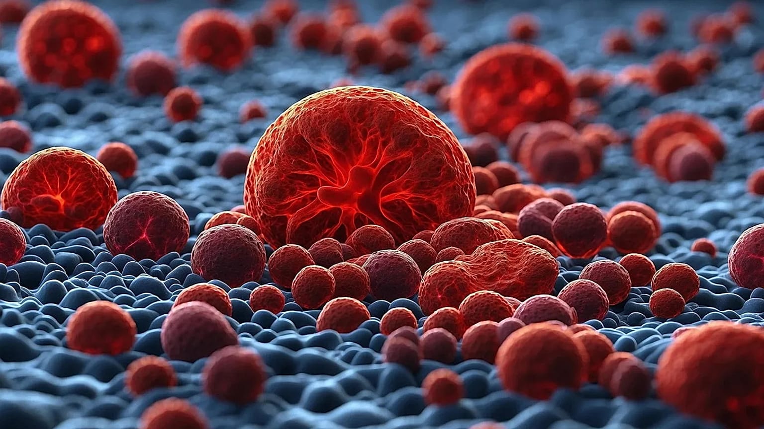 صورة مجهرية مُجسَّمة توضح تكاثر الخلايا السرطانية (باللون الأحمر) وانتشارها وسط نسيج خلوي.