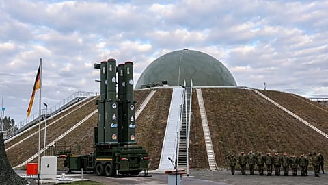 The launcher of the new Arrow 3 missile defence system stands in front of the dome in Annaburger Heide, 3 December, 2025