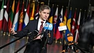 Lithuania's Foreign Minister Kestutis Budrys speaks with the media as he arrives for a meeting of NATO foreign ministers at NATO headquarters in Brussels.