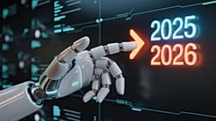 Ρομποτικό χέρι που δείχνει το 2026, παρουσιάζοντας ανάπτυξη από το 2025, αντιπροσωπεύοντας μελλοντική τεχνολογία και οικονομικές προβλέψεις
