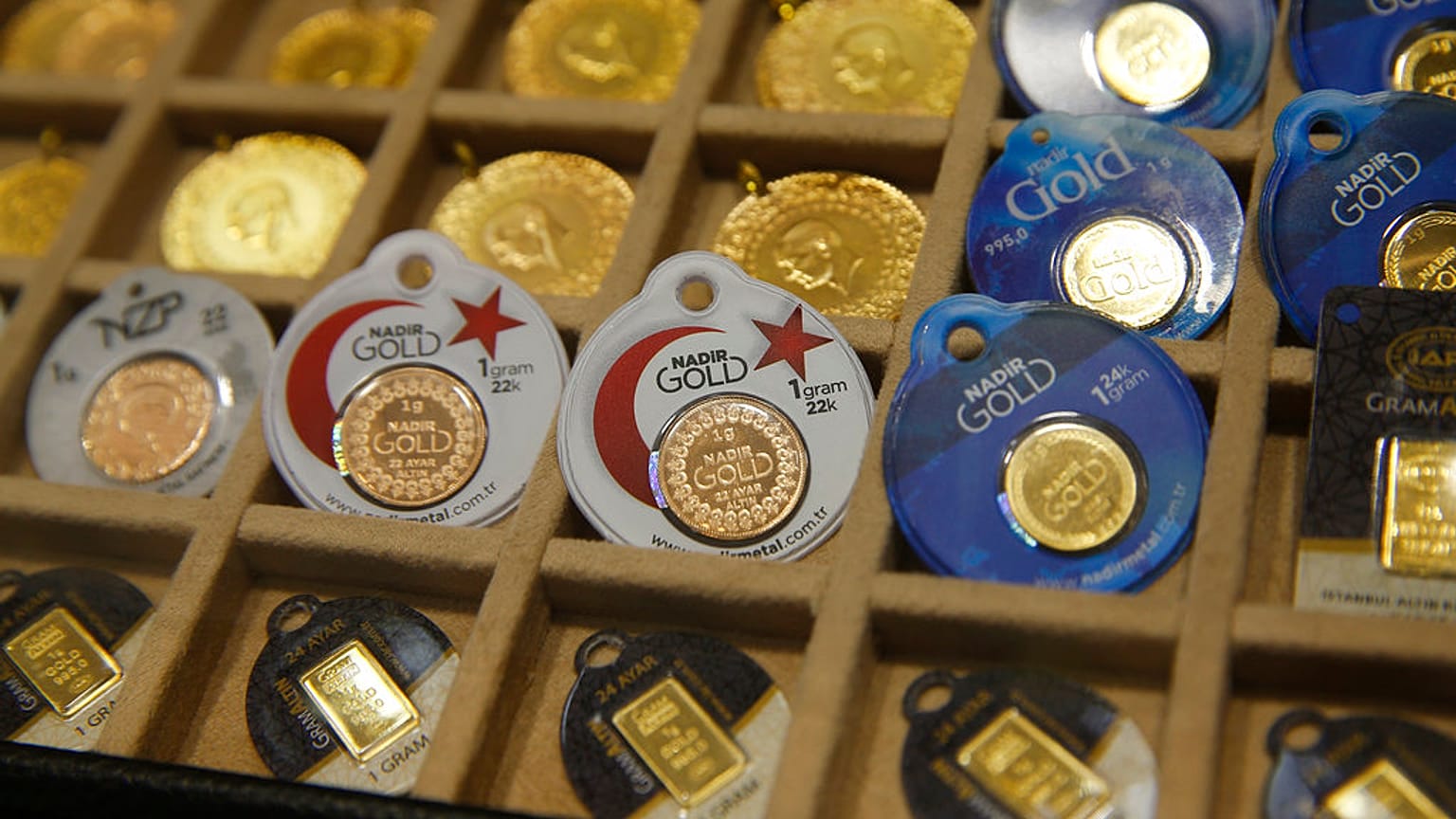 FILE: Gold coins are offered for sale at a shop in Istanbul, 15 August 2018