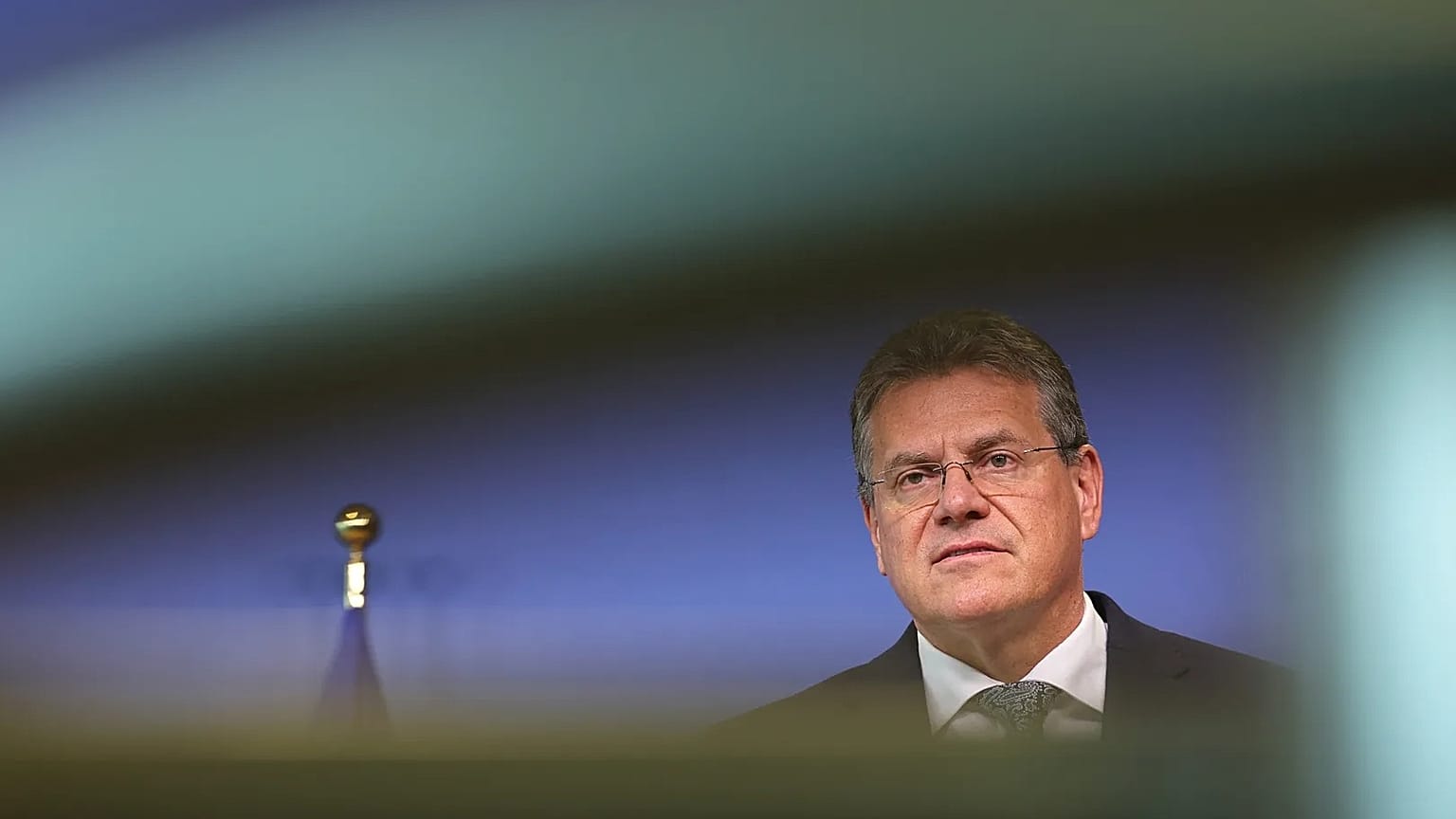 EU Commissioner for economic security Maroš Šefčovič speaks during a media conference. 