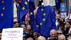 Brexit karşıtları yeni bir oylama talep ederken eski Başbakan Boris Johnson'ın bir fotoğrafını tutuyor, 2019 