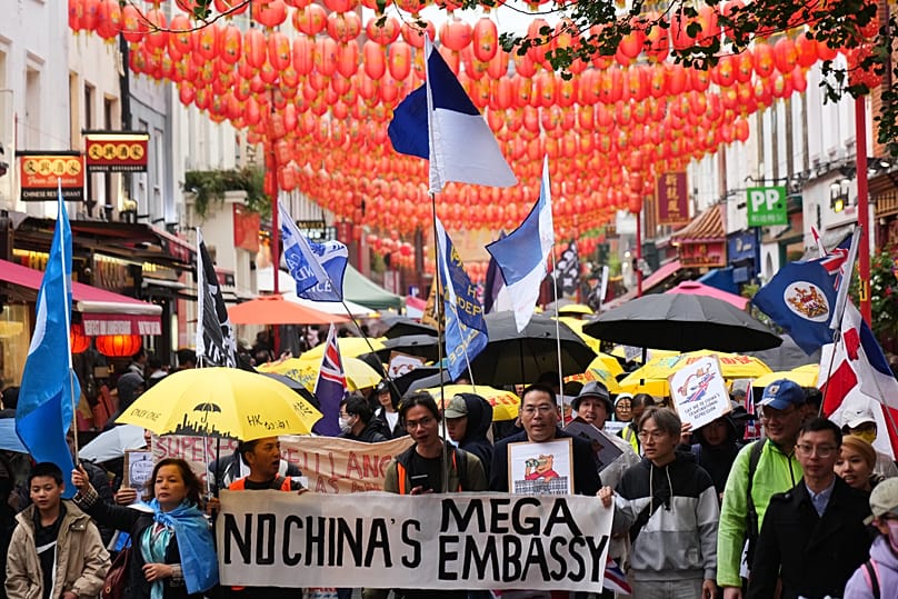 Protesters demonstrate against the proposed building of a new Chinese embassy in London, 28 September, 2025