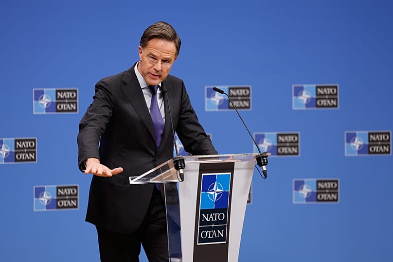 NATO Secretary General Mark Rutte speaks during a media conference after a meeting of NATO foreign ministers at NATO headquarters in Brussels, 3 December, 2025
