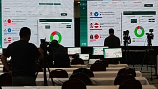 Resultados del recuento de votos de las elecciones presidenciales del domingo en las instalaciones del Consejo Nacional Electoral en Tegucigalpa, Honduras. 04/12/25.