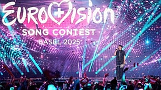 JJ, from Austria, stands on the stage with his trophy after winning the Grand Final of the 69th Eurovision Song Contest in Basel, 18 May, 2025