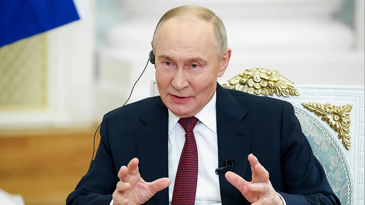 Vladimir Putin gestures during an interview with journalists and executives of Aaj Tak and India Today TV channels at the Kremlin in Moscow, Russia, Wednesday Dec. 3, 2025.