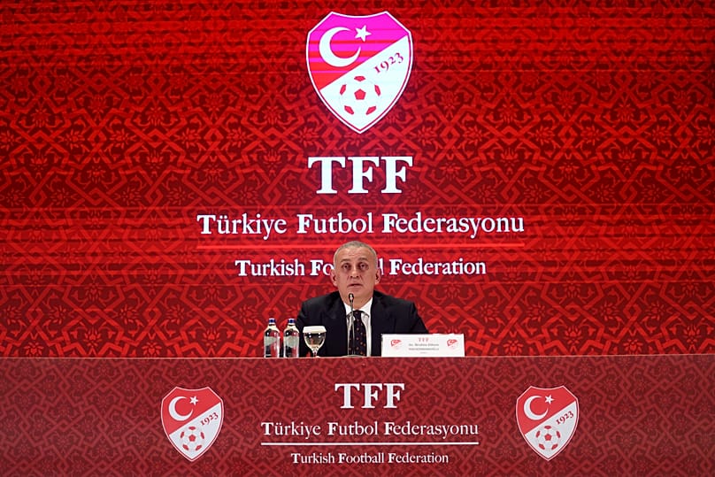 Turkish Football Federation president Ibrahim Hacıosmanoğlu talks during a news conference in Istanbul, 27 October, 2025
