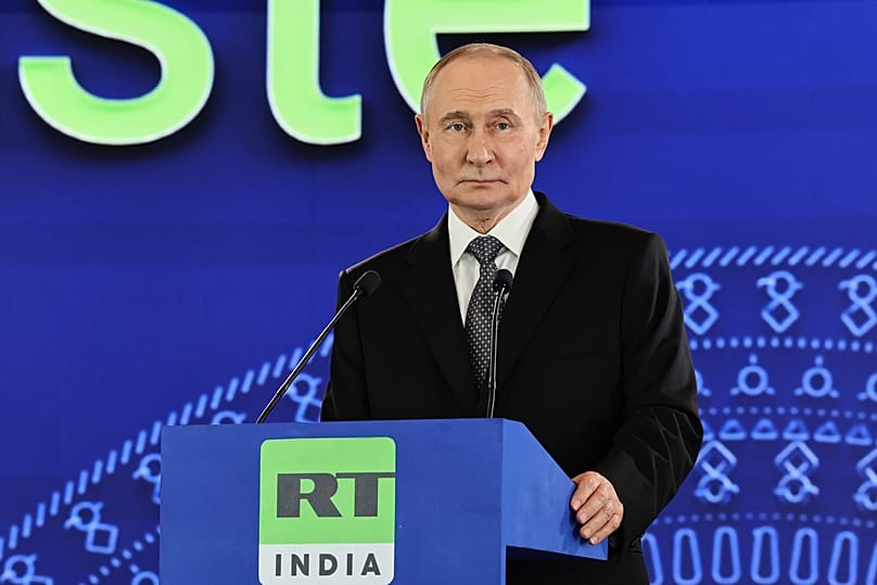 Russian President Vladimir Putin speaks at a ceremony to launch the RT India TV channel in New Delhi, 5 December, 2025