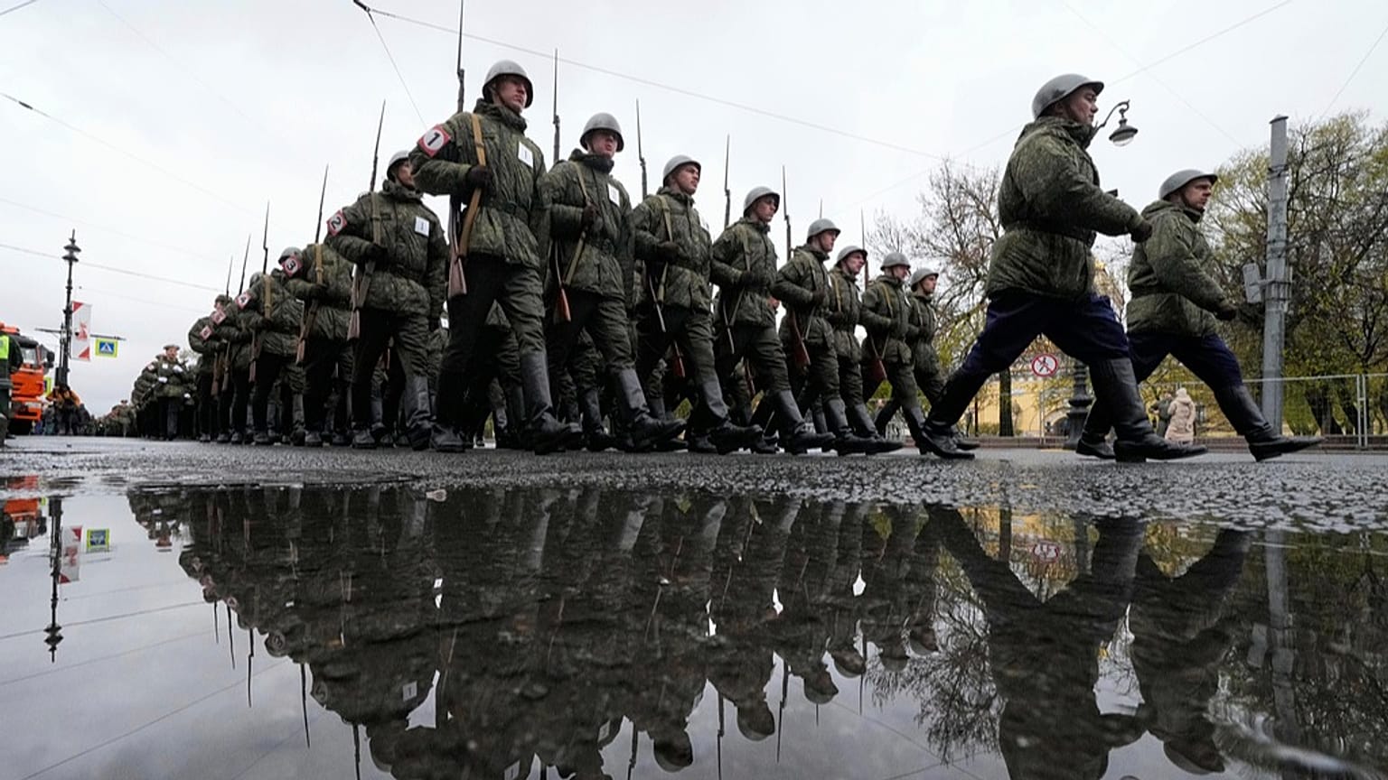 FILE Russian army soldiers march to attend a dress rehearsal for the Victory Day military parade at the Dvortsovaya (Palace) Square in St Petersburg, 7 May 2025