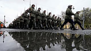 FILE Russian army soldiers march to attend a dress rehearsal for the Victory Day military parade at the Dvortsovaya (Palace) Square in St Petersburg, 7 May 2025