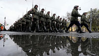 FILE Russian army soldiers march to attend a dress rehearsal for the Victory Day military parade at the Dvortsovaya (Palace) Square in St Petersburg, 7 May 2025