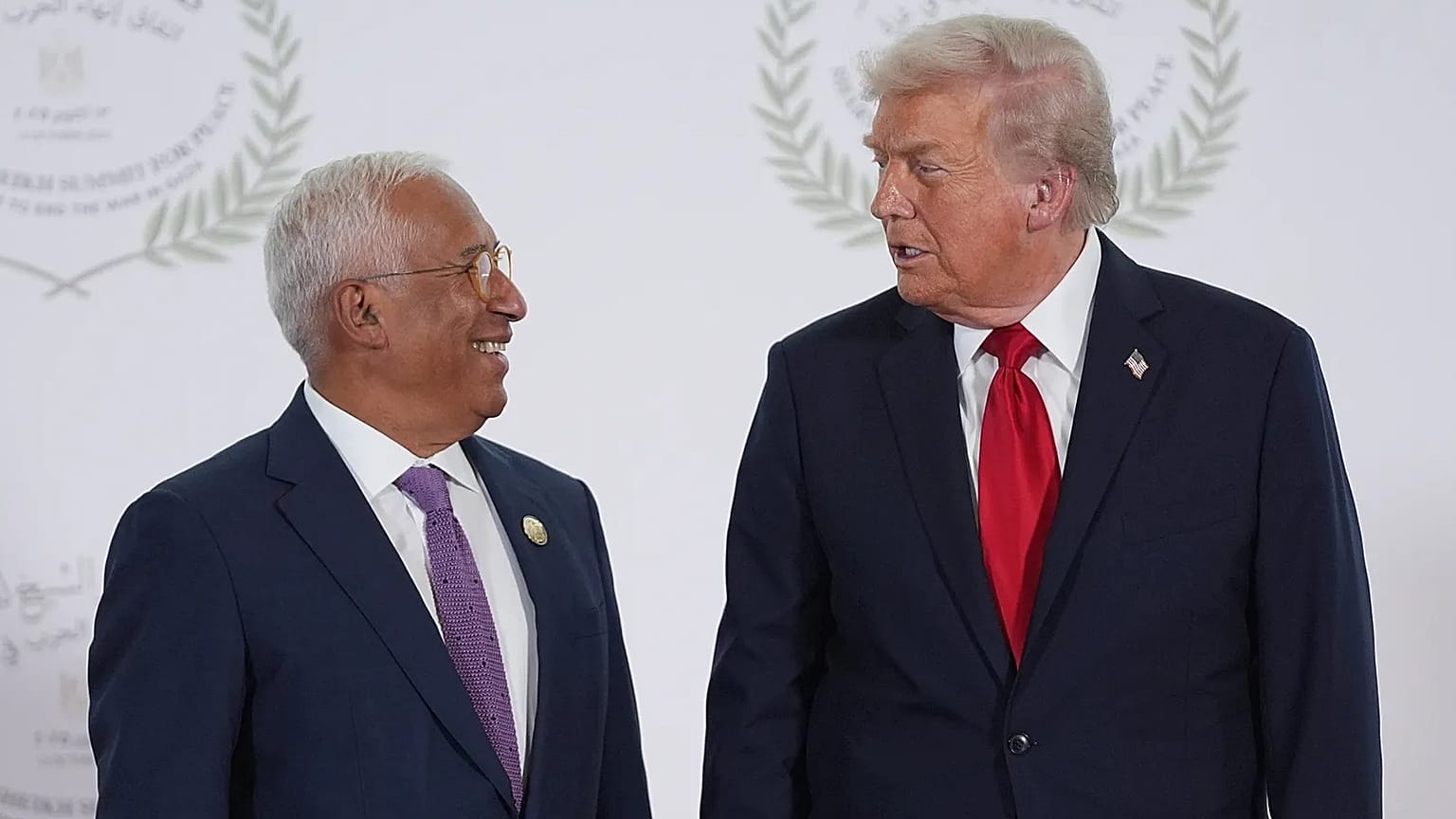 President Donald Trump greets European Council President Antonio Costa during a summit to support ending the Israel-Hamas war in Gaza , Oct. 13, 2025, Sharm El Sheikh, Egypt
