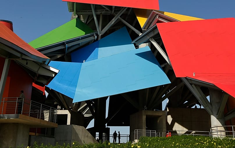 FILE - A view of the Biomuseo, designed by world-renowned architect Frank Gehry, in Panama City, Sept. 27, 2014.