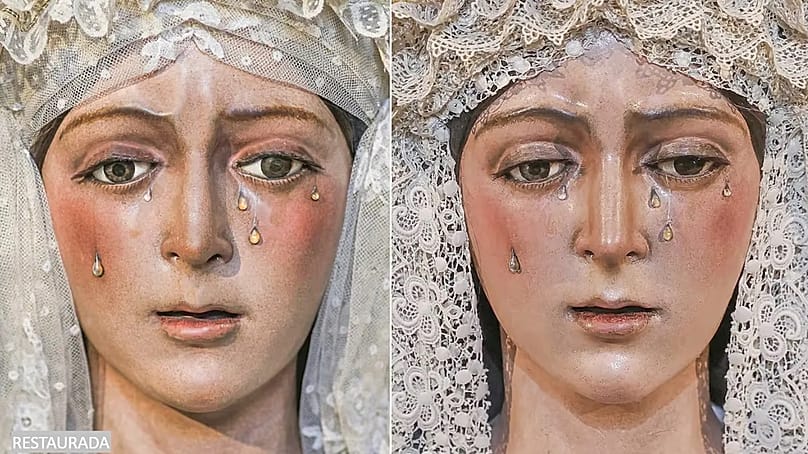 La virgen de La Macarena después de su restauración (izquierda) y antes de su restauración (derecha).