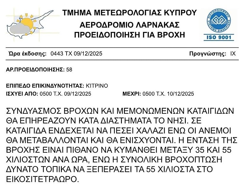 Προειδοποίηση ακραίων καιρικών φαινομένων