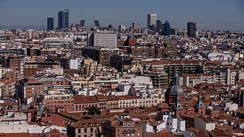 A partial view of the Madrid skyline as seen from a terrace in Spain. 15 March 2021.