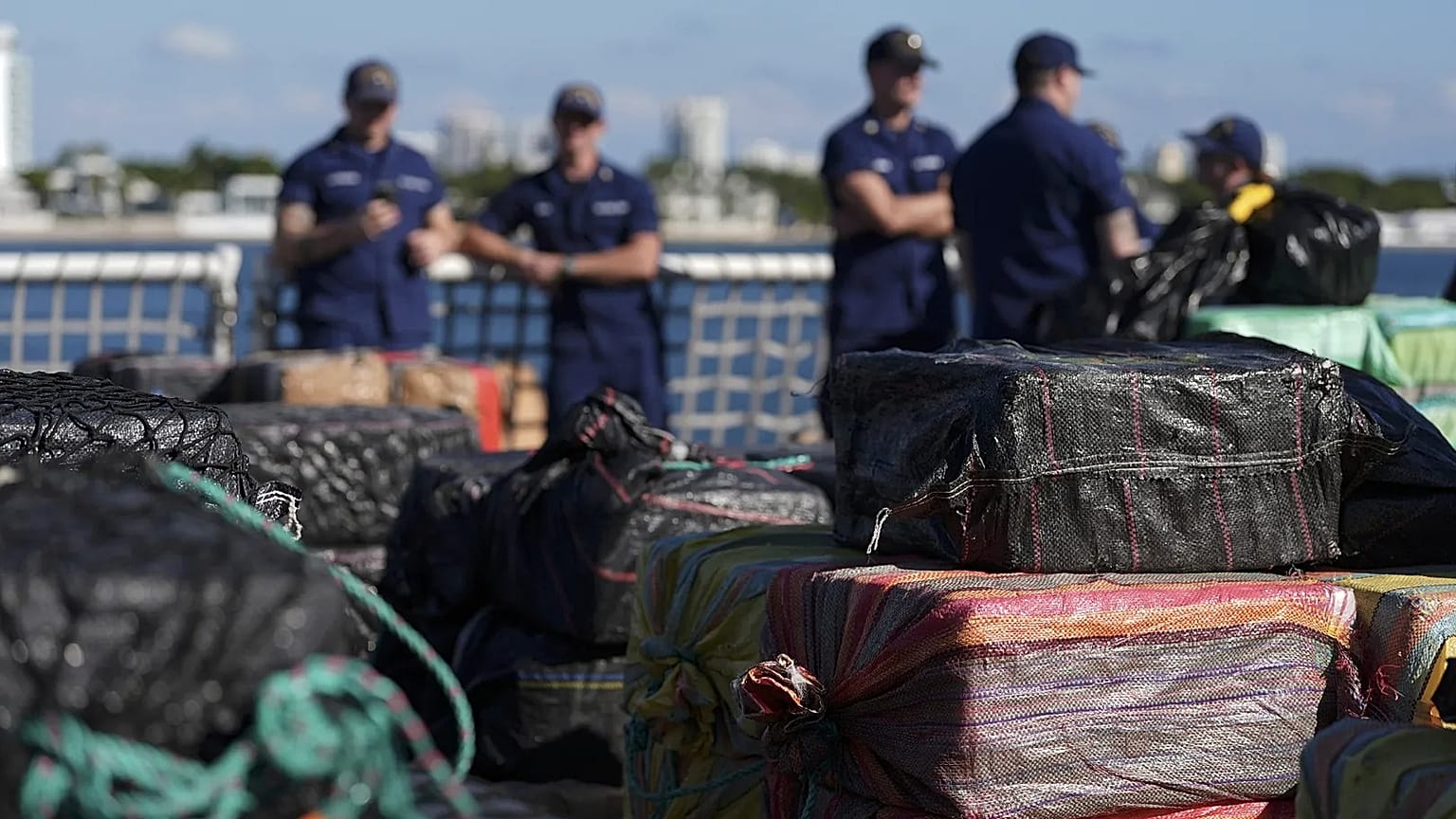 Pallets of cocaine seized aboard the US Coast Guard vessel Stone on Wednesday 19 November 2025 in Port Everglades, Fort Lauderdale, Florida.