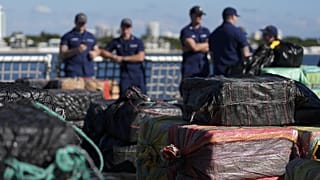 Pallets of cocaine seized aboard the US Coast Guard vessel Stone on Wednesday 19 November 2025 in Port Everglades, Fort Lauderdale, Florida.