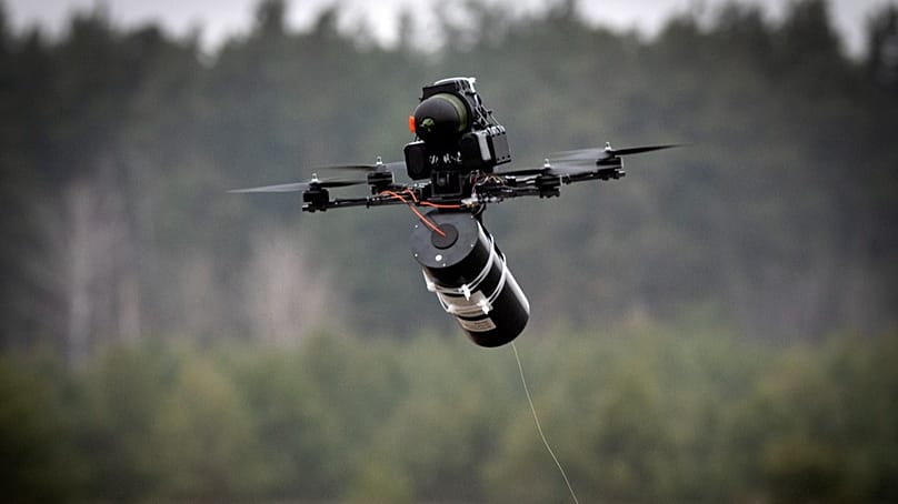 A Ukrainian made FPV fibre optic drone flies at a military market place at an undisclosed location in the Kyiv region, Ukraine, Wednesday, Jan. 29, 2025