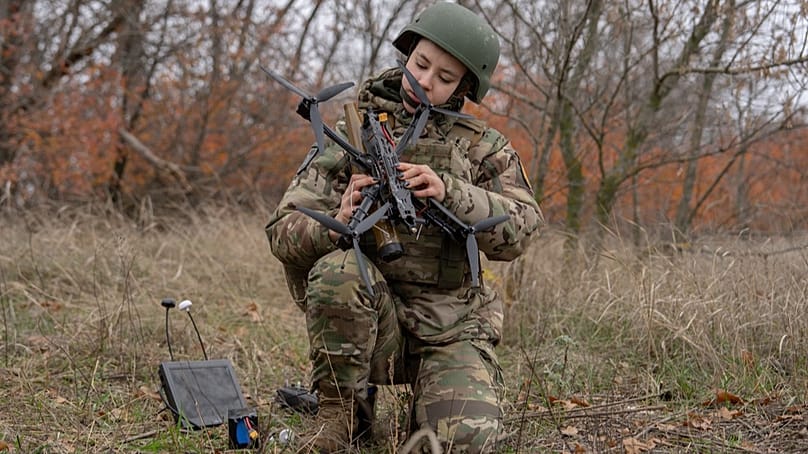 Monka, an FPV drone operator from the third assault brigade, assembles an FPV drone during a demonstration for The Associated Press, Nov. 5, 2025, in Kharkiv Oblast, Ukraine