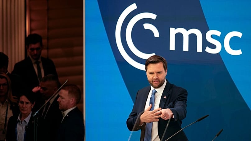 US-Vizepräsident JD Vance am 14. Februar 2025 bei der Münchner Sicherheitskonferenz im Hotel Bayerischer Hof in München