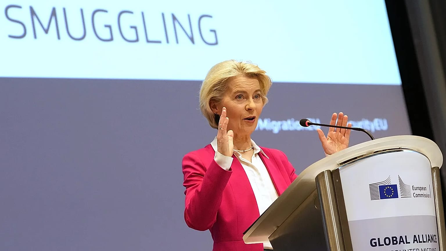 European Commission President Ursula von der Leyen addresses a Conference of the Global Alliance to Counter Migrant Smuggling.