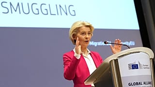 European Commission President Ursula von der Leyen addresses a Conference of the Global Alliance to Counter Migrant Smuggling.