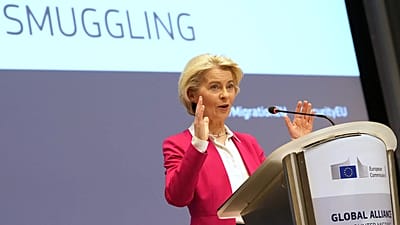 European Commission President Ursula von der Leyen addresses a Conference of the Global Alliance to Counter Migrant Smuggling.
