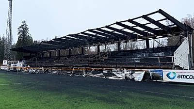 The burned down stand of FC Haka's "Football Factory" stadium in Valkeakoski, 8 December 2025