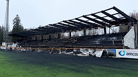 The burned down stand of FC Haka's "Football Factory" stadium in Valkeakoski, 8 December 2025