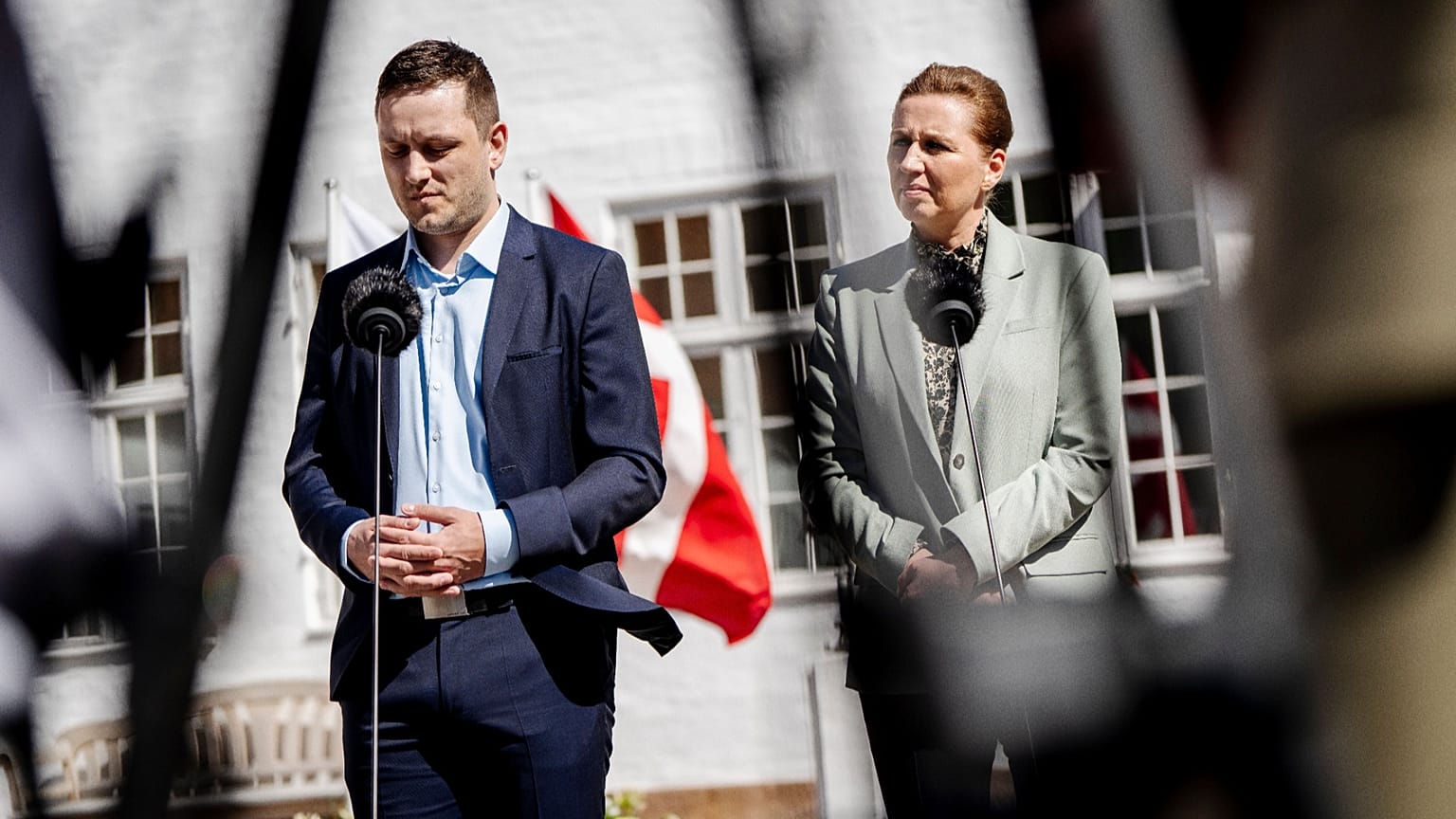 Denmark's Prime Minister Mette Frederiksen, left, and Greenland's Prime Minister Jens-Frederik Nielsen, right, are seen on April 27, 2025, in Marienborg, Denmark.