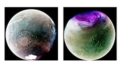 NASA tarafından sağlanan ultraviyole spektrum görüntülerinin bu kombinasyonu, Mars gezegeninin atmosferik özelliklerini gösteriyor.